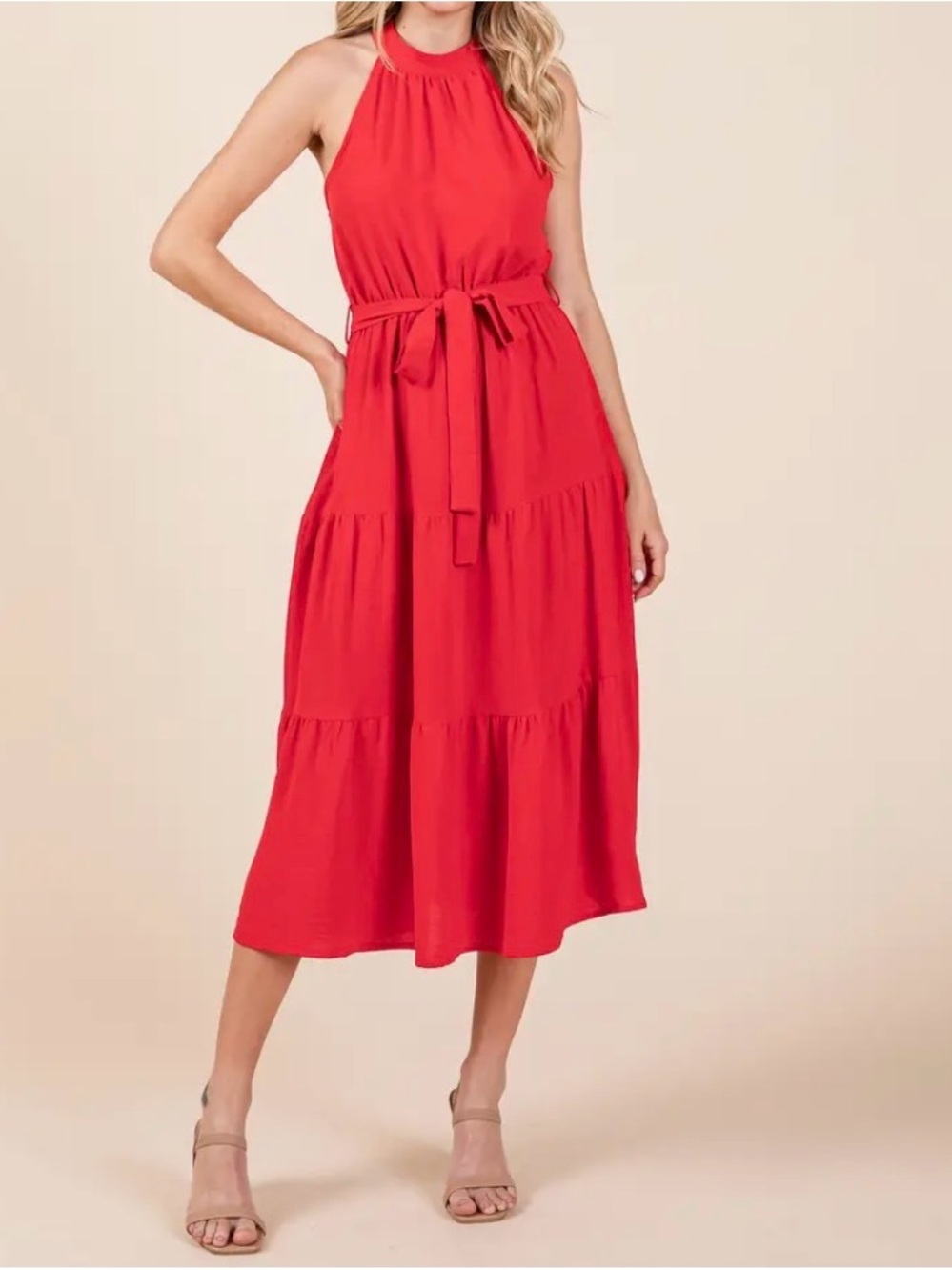 Sleeveless Red Midi Dress with Tie Waist